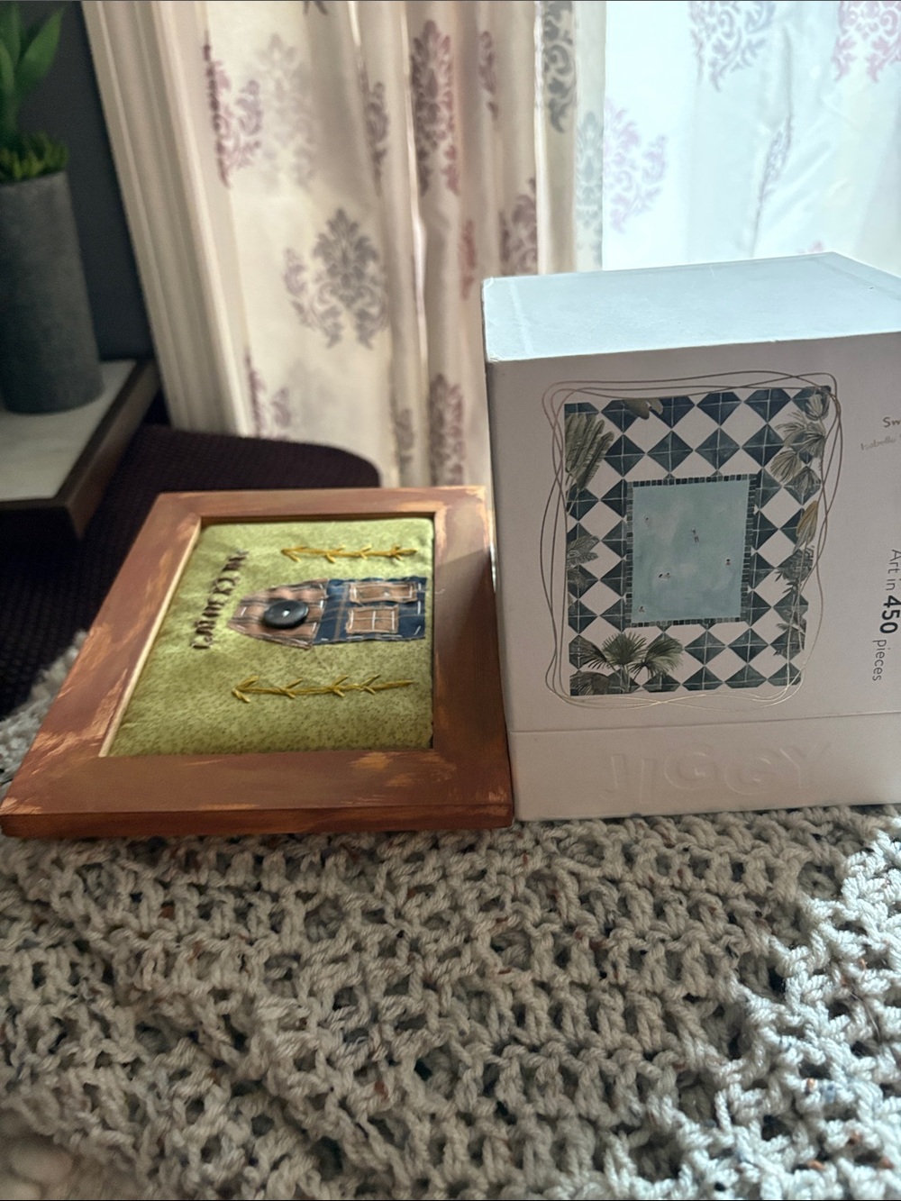 Framed Green Embroidered picture Home and a puzzle